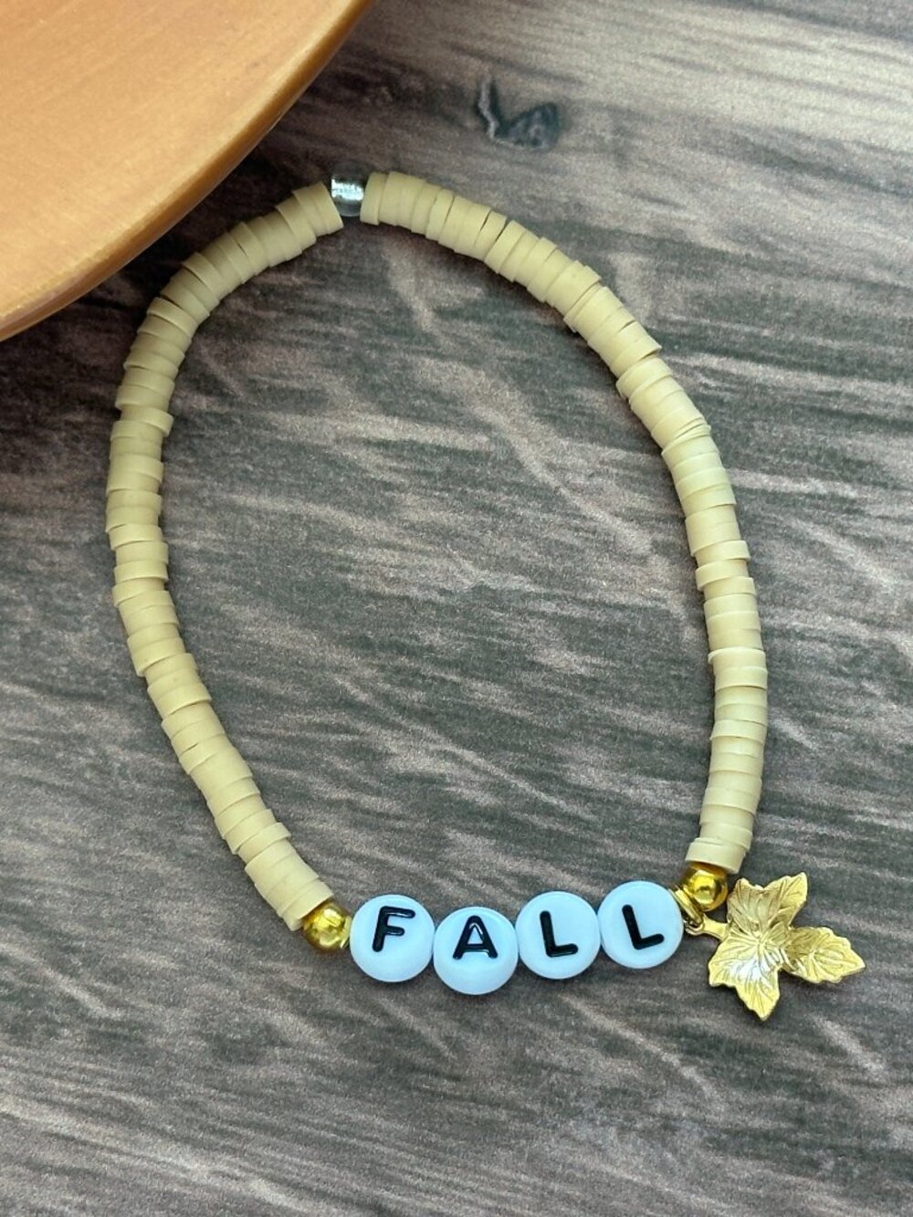 NEW Polymer Clay Handmade Fall Stretch Bracelet Goldtone Leaf Child & Adult Size